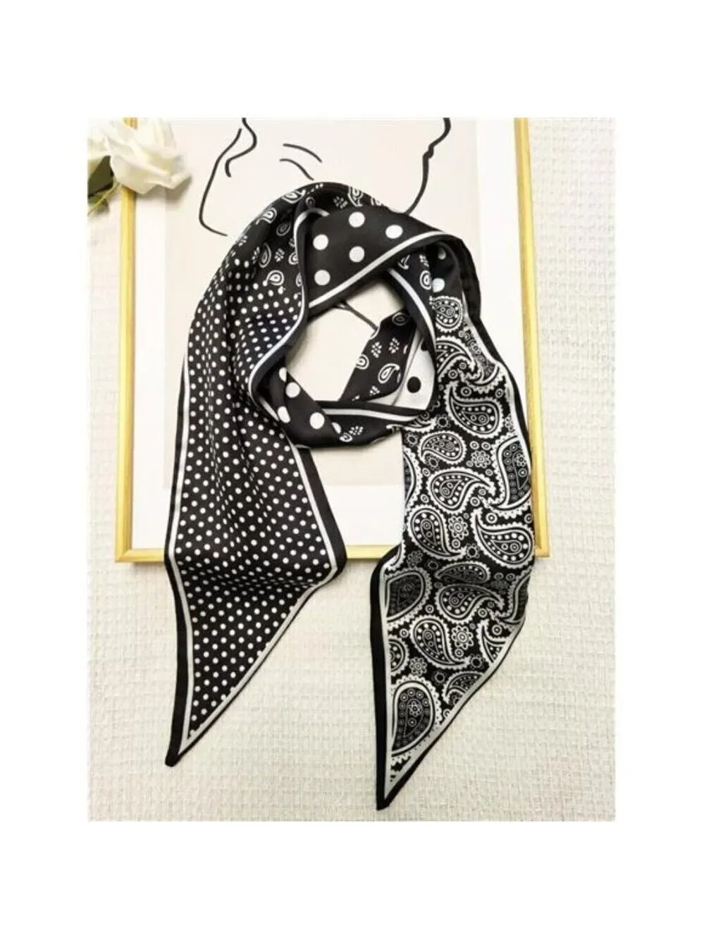 Hair Scarf Black and White Silky Long Neck Head Scarves Purse Bag Scarfs